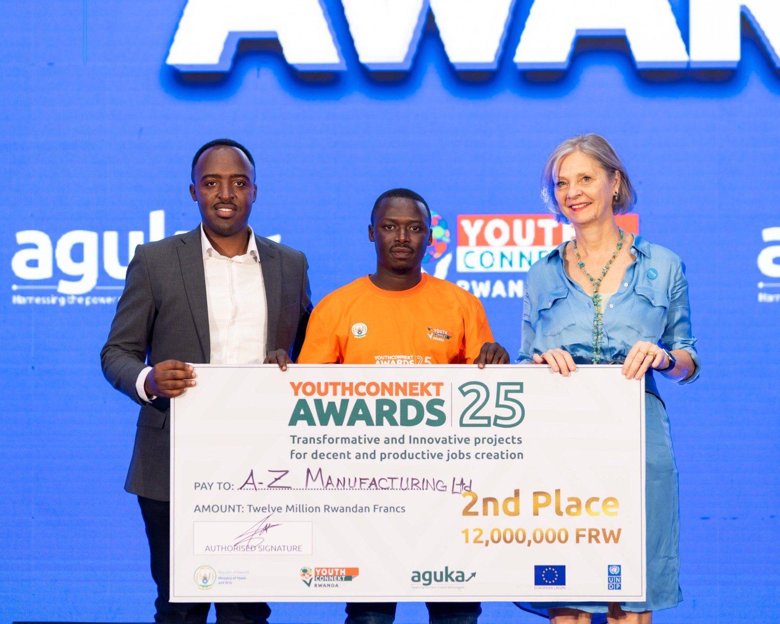 A-Z Manufacturing receiving the YouthConnekt Awards 2025 2nd Place prize of RWF 12,000,000